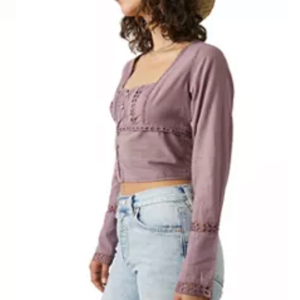 Free People NWT purple long sleeve short cropped small shirt - Picture 9 of 9
